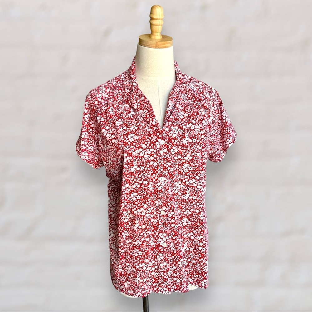 Vintage 1970s Levi Strauss Red Floral Button Front Short Sleeve Shirt